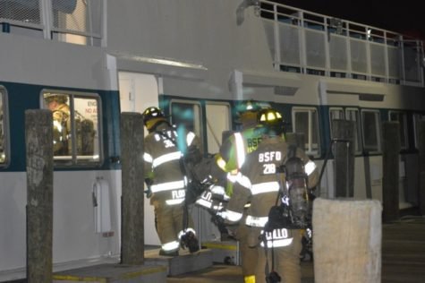 Firefighters from the Bay Shore Fire Departments boarding the ferry to lend mutual aid. (Photo courtesy of Lynette Vitale.)