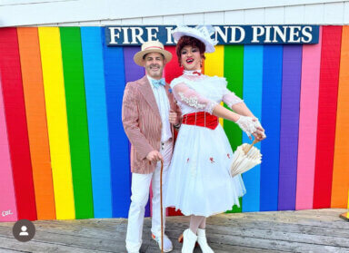 2023 Derby Hat contest winner Chris Mai (left, as Mary Poppins) with husband Matthew Markoff