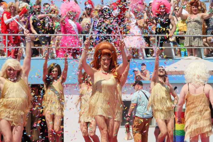 FIRE ISLAND PINES, NEW YORK - JULY 04: Drag queens perform as Tryst Hospitality celebrates the 50th Invasion of Fire Island Pines on July 04, 2025. (Photo by Santiago Felipe/Getty Images for Tryst Hospitality)