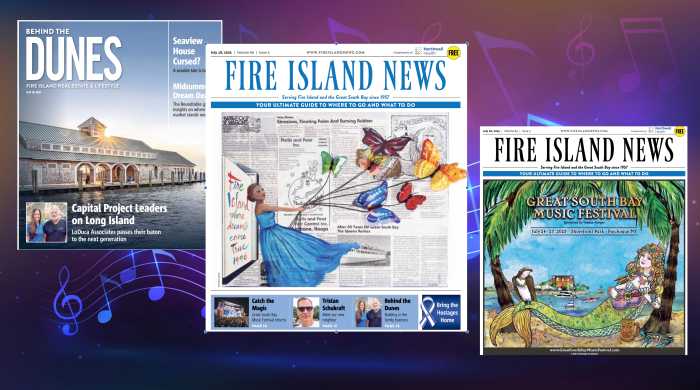 Summer tunes are in the air and making a splash in our July 18 edition of Fire Island News. Glyn Emmerson writes about the bands that jammed in Kismet and Atlantique over the July 4th Weekend. Robert Levine covered the world-class opera singer who recently performed at Whyte Hall in Fire Island Pines. Then, Rob Verbeck ventured out with his camera to catch the action at Alive After Five in downtown Patchogue. The music continues over the weekend of July 24 as the Great South Bay Music Festival comes back for its 17th summer in Shorefront Park in Patchogue Village. Omar Drissi gives us a rundown of what to expect for this upcoming crown jewel event in the Long Island music calendar. Fire Island News is also proudly working with the Great South Bay Music Festival on a special sweepstakes for our readers. One lucky person will win two VIP tickets to this extravaganza, featuring 55 performers on four stages over four days. No purchase is necessary to enter.