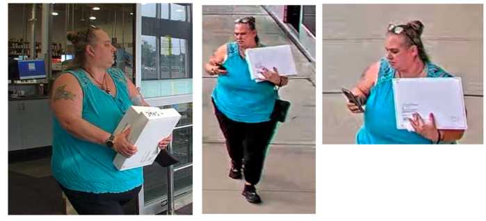 Suffolk County Police Crime Stoppers and Financial Crimes Unit detectives are seeking the public’s help to identify and locate an alleged identity thief operating in the Bay Shore area. The woman pictured is suspected of using the identity of a Bay Shore resident to open a credit card account at at Best Buy, located at 1851 Sunrise Highway, on August 5, then using the bogus account to purchase an Apple MacBook Pro and Apple AirPods – merchandise valued at approximately $2500. 