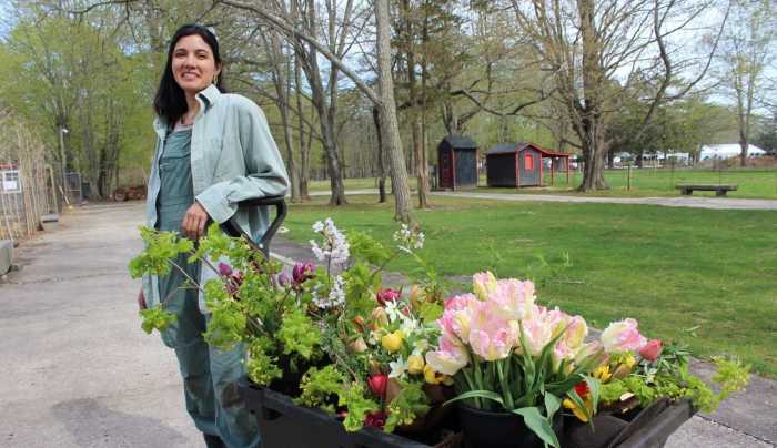 A golden hue lit the flora blue at Mama Farm land and the surrounding acres as Rowan Loren dug up purple, white-tipped tulips, coaxed from seed on the three-quarter-acreage she and partner Christian Roarke rent in Brookhaven. Roarke was working the soil nearby to grow the specialty herbs he sells to Flynn McGarry, the owner and chef of Cove NYC. Besides tulips and daffodils, there were other colorful blooms that would wind up in wedding bouquets and cheery vases.